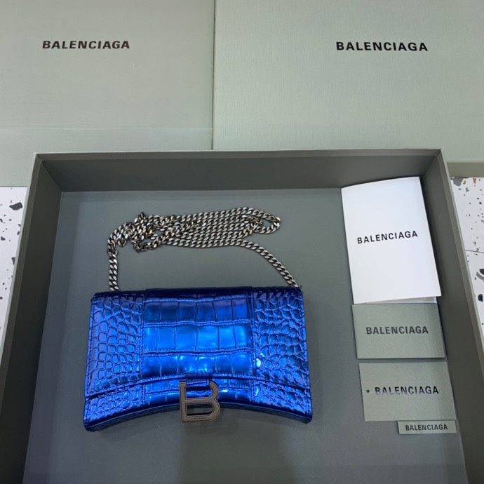 Balenciaga Small Hourglass Wallet With Chain Crocodile Embossed Shoulder Bag Blue